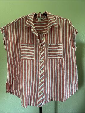 Lucky Brand Red & White Striped Button-Front Top Linen cotton